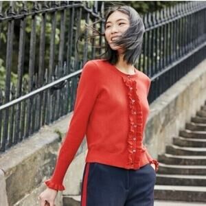 Boden Bernadette red wool blend ruffle cardigan sweater womens size M